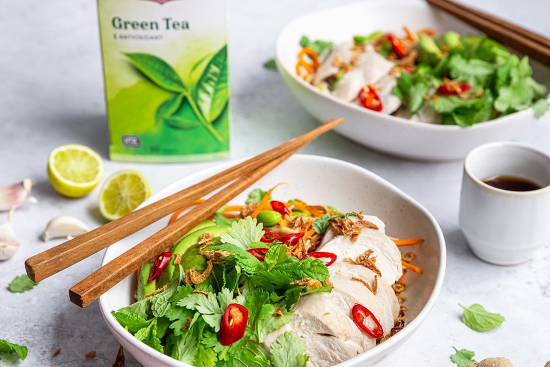Green Tea Poached Chicken & Avocado Soba Noodle Bowls